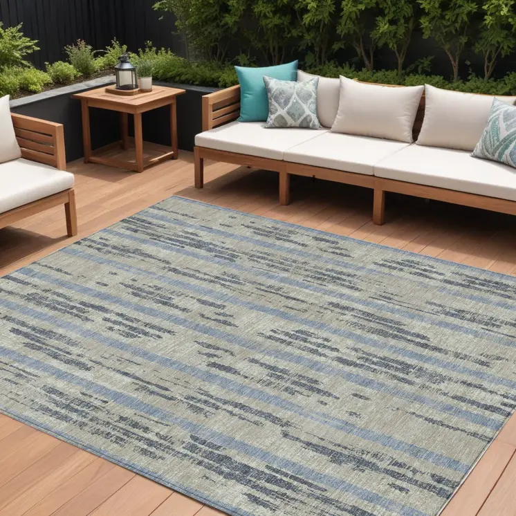 8' X 10' Taupe Gray And Blue Striped Washable Indoor Outdoor Area Rug