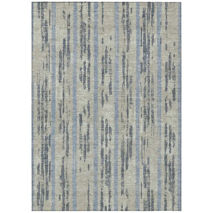 8' X 10' Taupe Gray And Blue Striped Washable Indoor Outdoor Area Rug