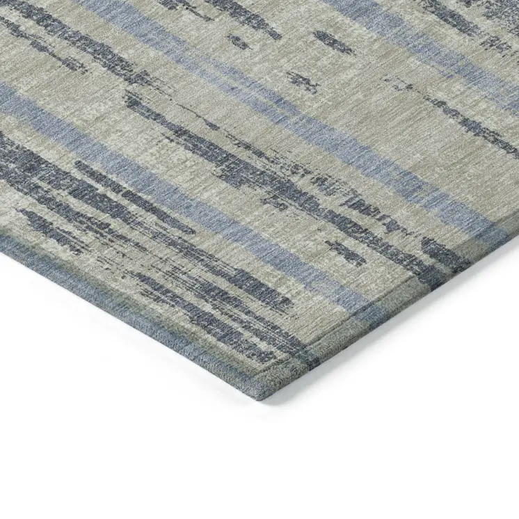 10' X 14' Taupe Gray And Blue Striped Washable Indoor Outdoor Area Rug