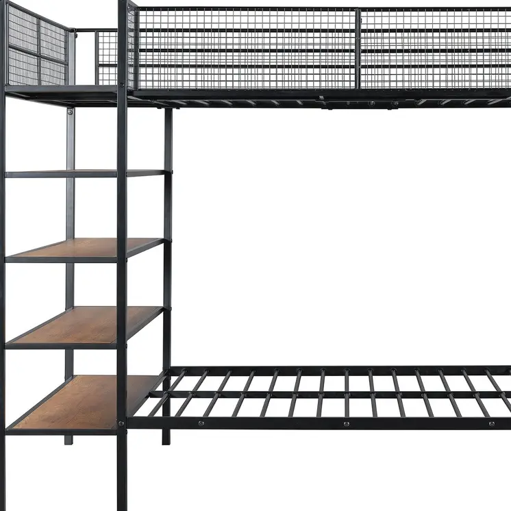 Black Twin Over Full Industrial Metal Bunk Bed With Shelves