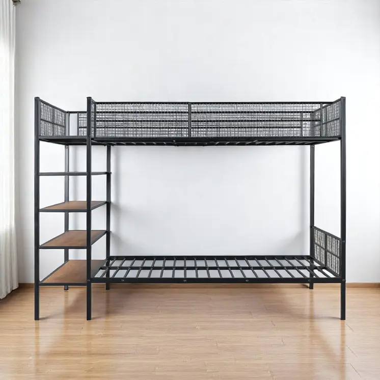 Black Twin Over Full Industrial Metal Bunk Bed With Shelves
