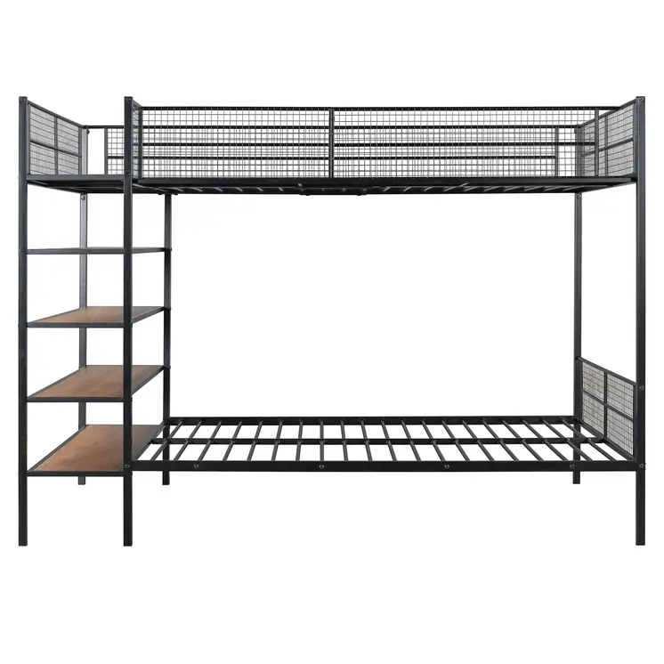 Black Twin Over Full Industrial Metal Bunk Bed With Shelves