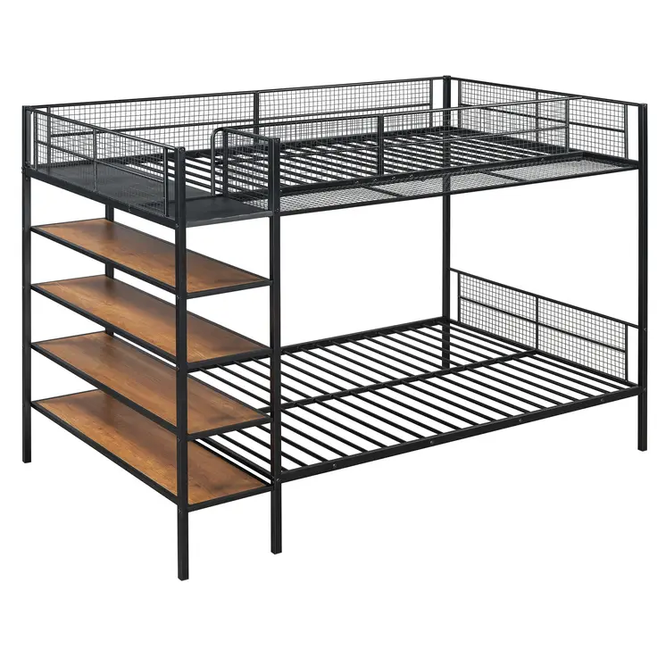 Black Twin Over Full Industrial Metal Bunk Bed With Shelves