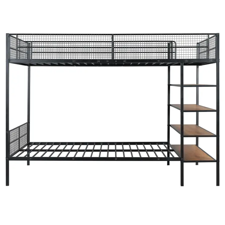 Black Twin Over Full Industrial Metal Bunk Bed With Shelves