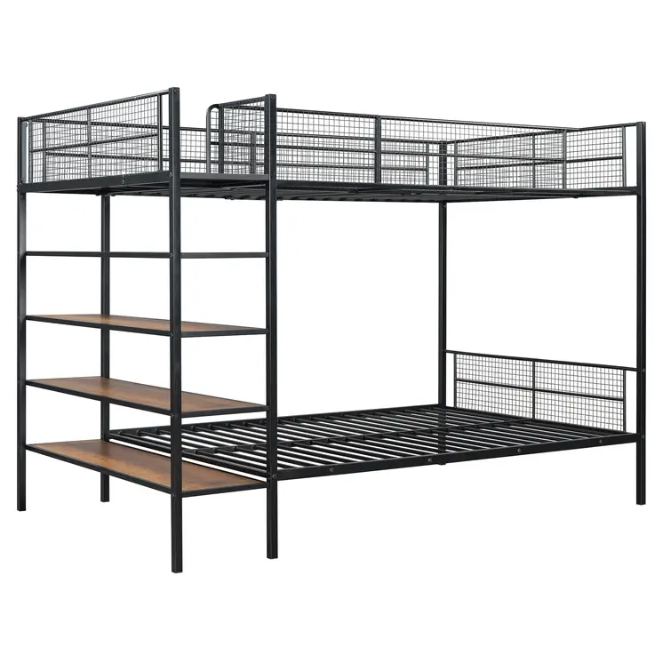 Black Twin Over Full Industrial Metal Bunk Bed With Shelves