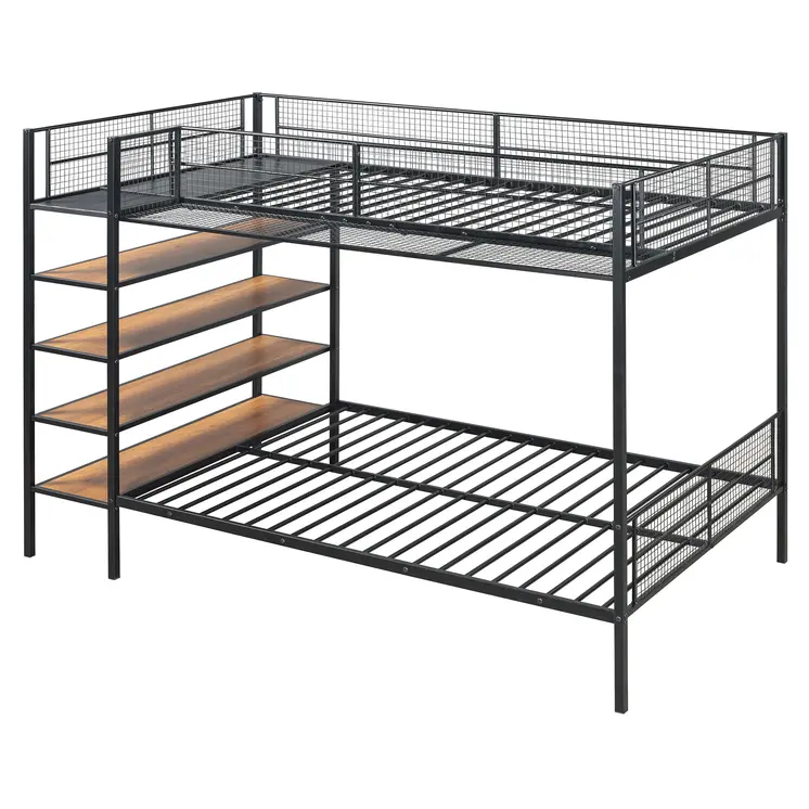 Black Twin Over Full Industrial Metal Bunk Bed With Shelves