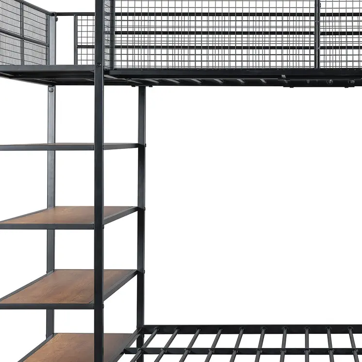Black Twin Over Full Industrial Metal Bunk Bed With Shelves