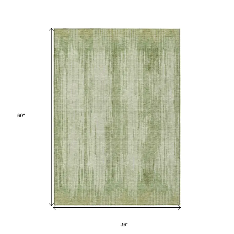 3' X 5' Artichoke Green And Ivory Striped Washable Indoor Outdoor Area Rug