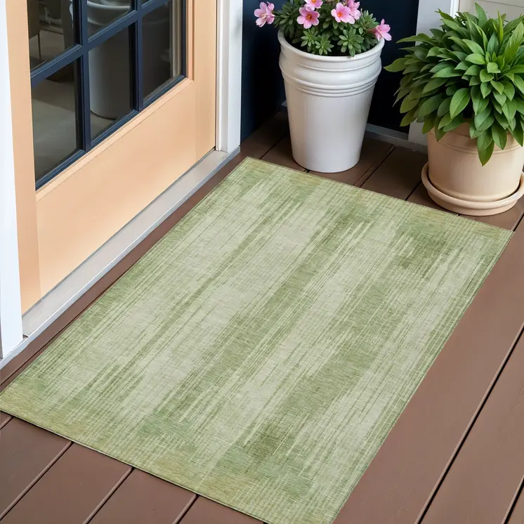 3' X 5' Artichoke Green And Ivory Striped Washable Indoor Outdoor Area Rug
