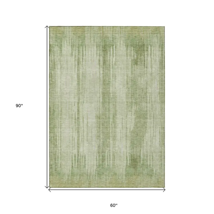 5' X 8' Artichoke Green And Ivory Striped Washable Indoor Outdoor Area Rug
