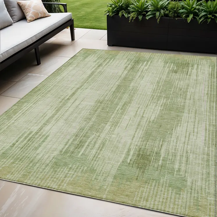 5' X 8' Artichoke Green And Ivory Striped Washable Indoor Outdoor Area Rug