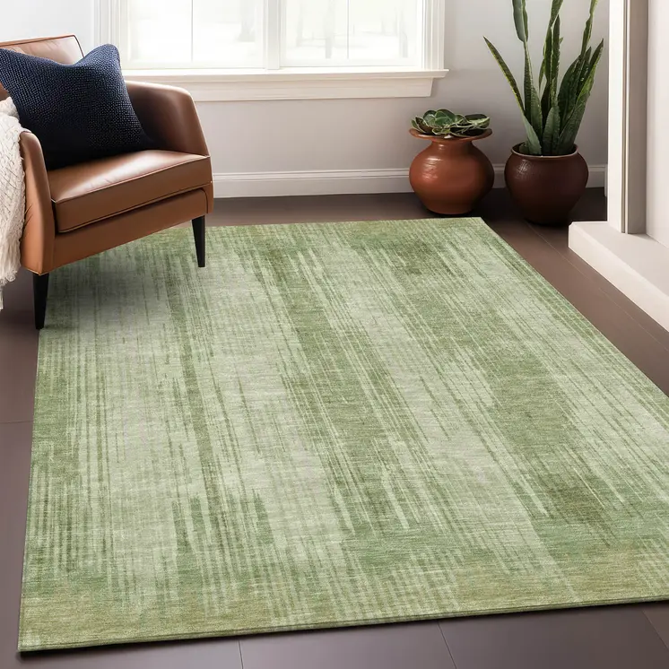 5' X 8' Artichoke Green And Ivory Striped Washable Indoor Outdoor Area Rug