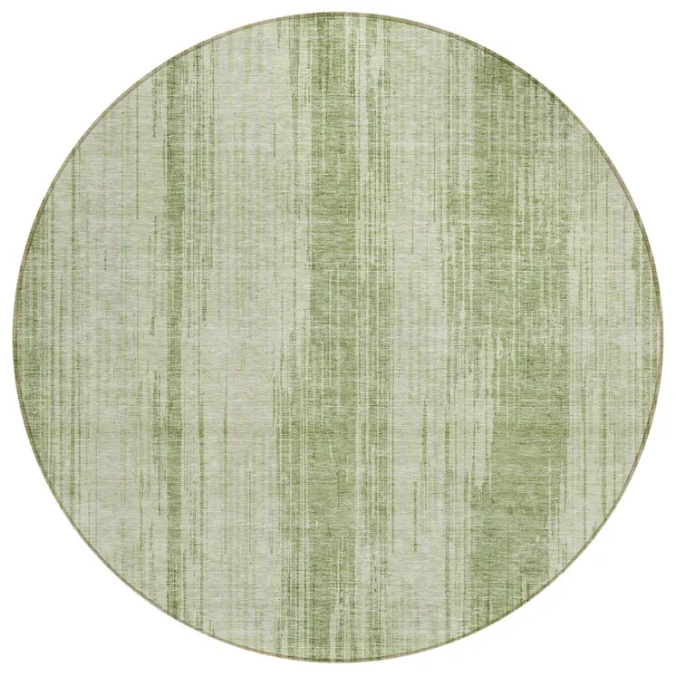 8' Artichoke Green And Ivory Round Striped Washable Indoor Outdoor Area Rug