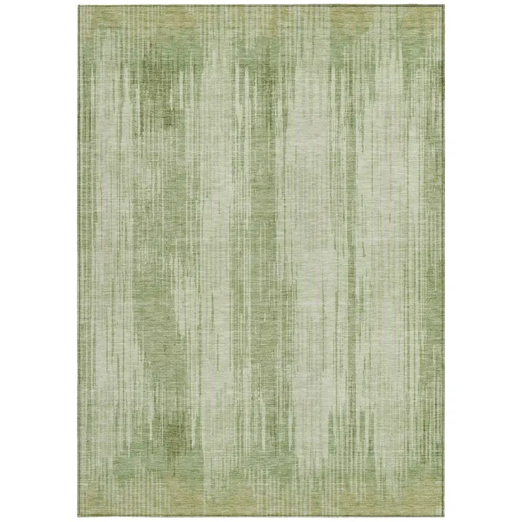 9' X 12' Artichoke Green And Ivory Striped Washable Indoor Outdoor Area Rug