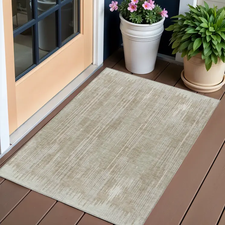 3' X 5' Beige And Ivory Striped Washable Indoor Outdoor Area Rug