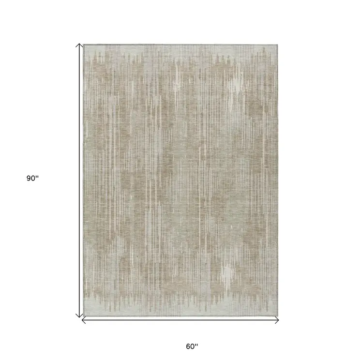 5' X 8' Beige And Ivory Striped Washable Indoor Outdoor Area Rug