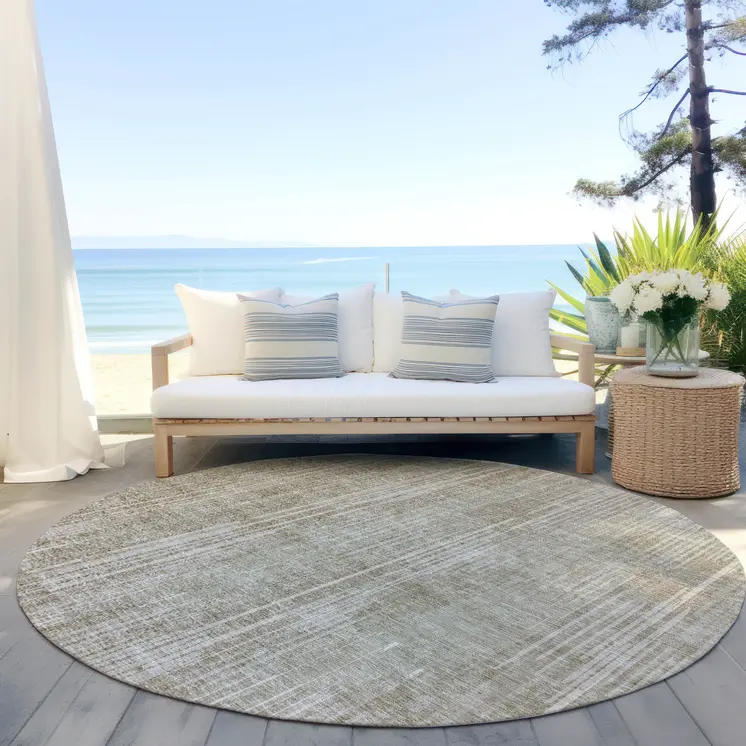 8' Beige And Ivory Round Striped Washable Indoor Outdoor Area Rug