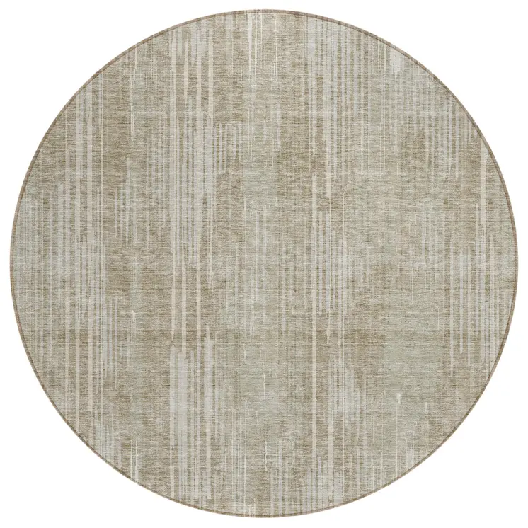 8' Beige And Ivory Round Striped Washable Indoor Outdoor Area Rug