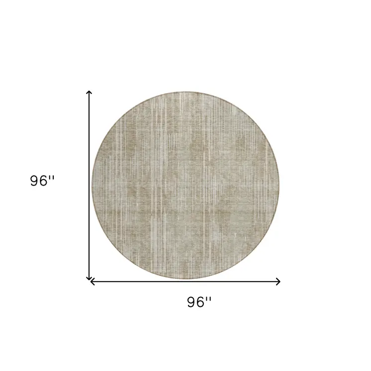 8' Beige And Ivory Round Striped Washable Indoor Outdoor Area Rug