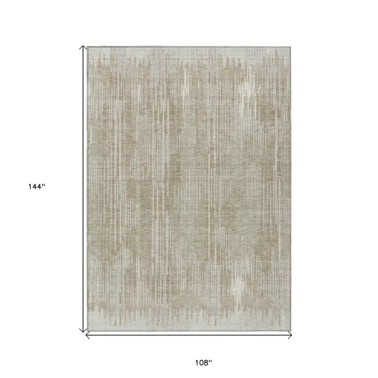9' X 12' Beige And Ivory Striped Washable Indoor Outdoor Area Rug