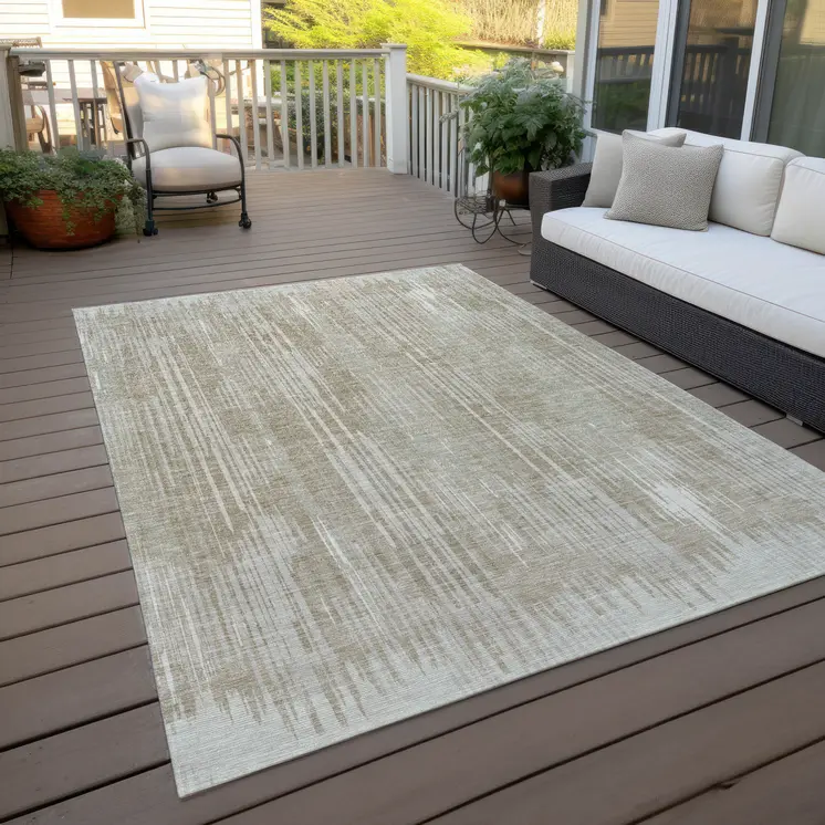 9' X 12' Beige And Ivory Striped Washable Indoor Outdoor Area Rug