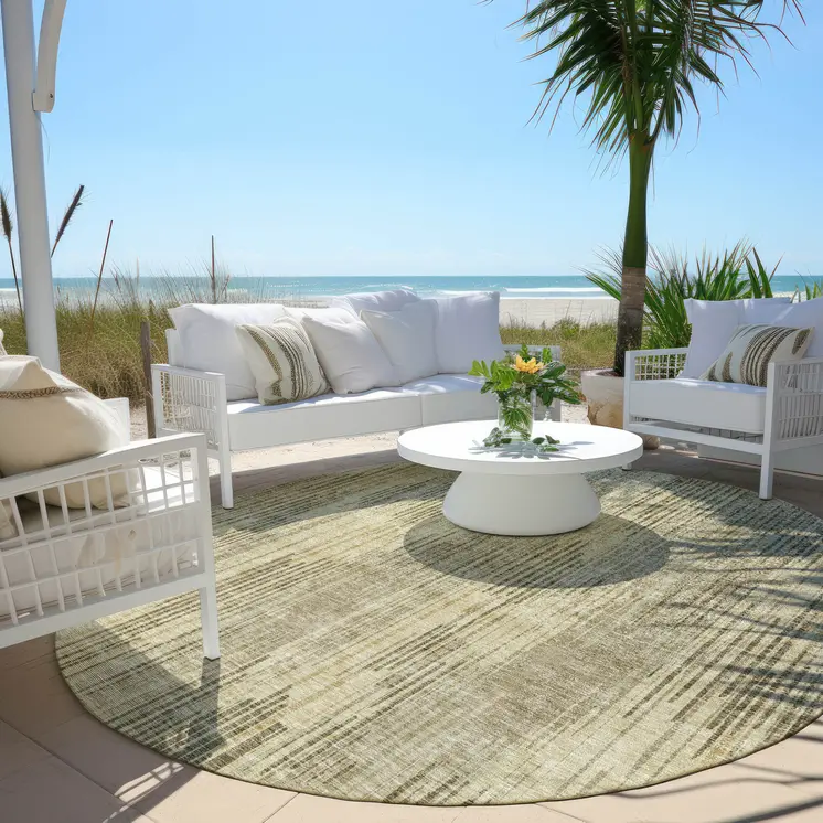 8' Brown And Green Round Striped Washable Indoor Outdoor Area Rug