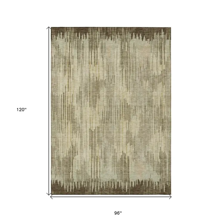 8' X 10' Brown And Green Striped Washable Indoor Outdoor Area Rug