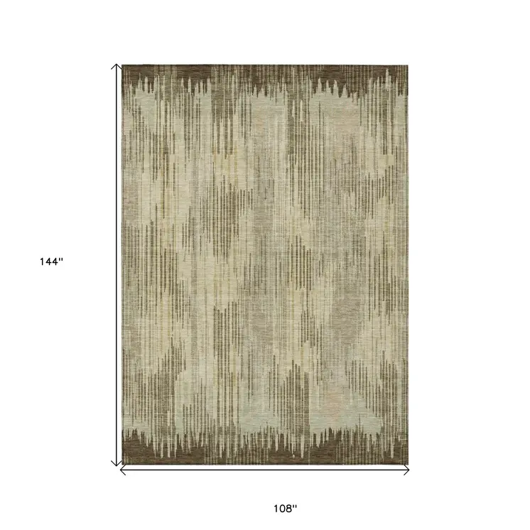 9' X 12' Brown And Green Striped Washable Indoor Outdoor Area Rug