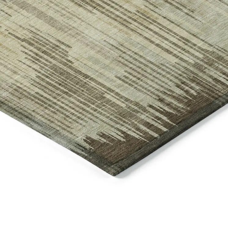 9' X 12' Brown And Green Striped Washable Indoor Outdoor Area Rug