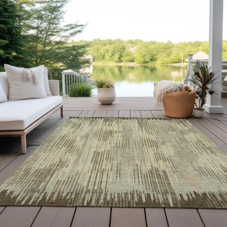 10' X 14' Brown And Green Striped Washable Indoor Outdoor Area Rug