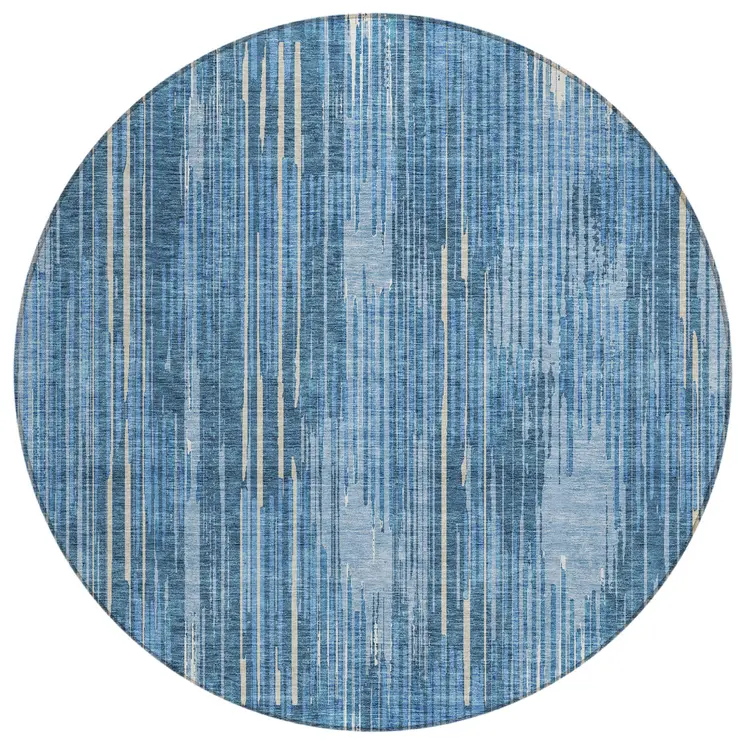 8' Blue And Ivory Round Striped Washable Indoor Outdoor Area Rug