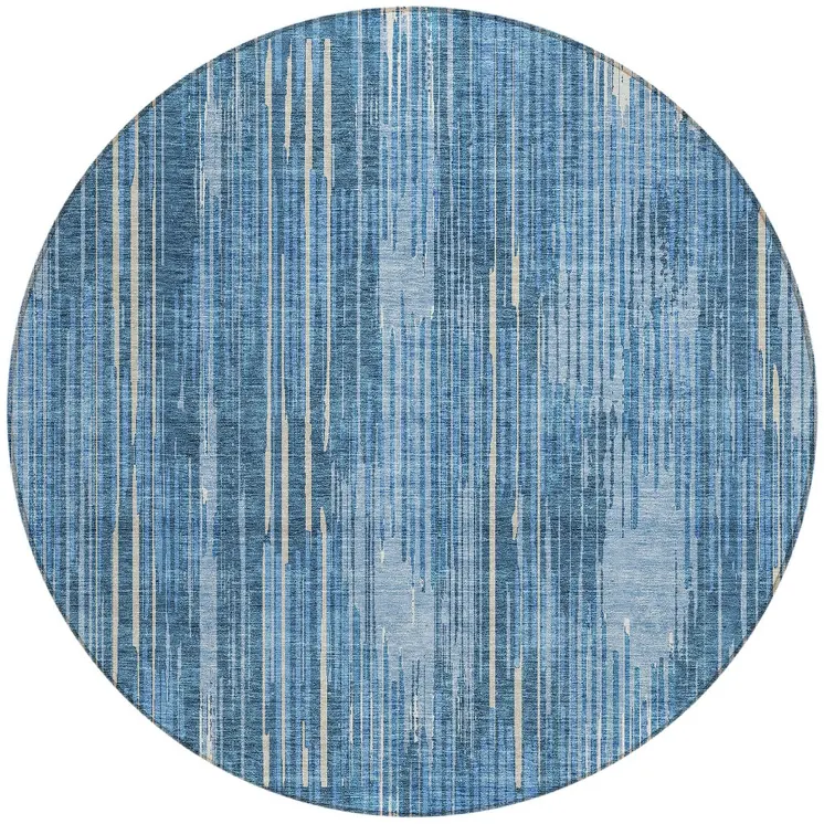8' Blue And Ivory Round Striped Washable Indoor Outdoor Area Rug