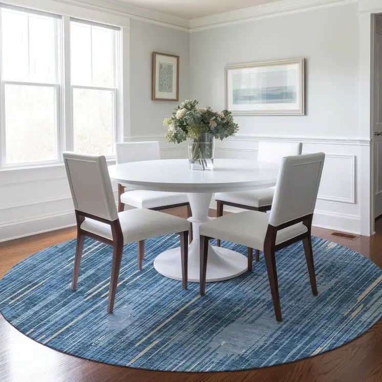 8' Blue And Ivory Round Striped Washable Indoor Outdoor Area Rug