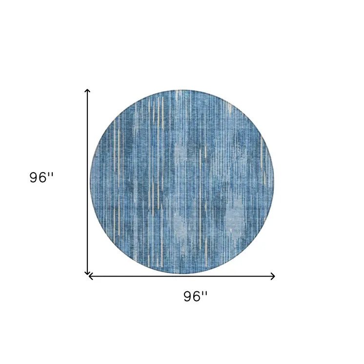 8' Blue And Ivory Round Striped Washable Indoor Outdoor Area Rug