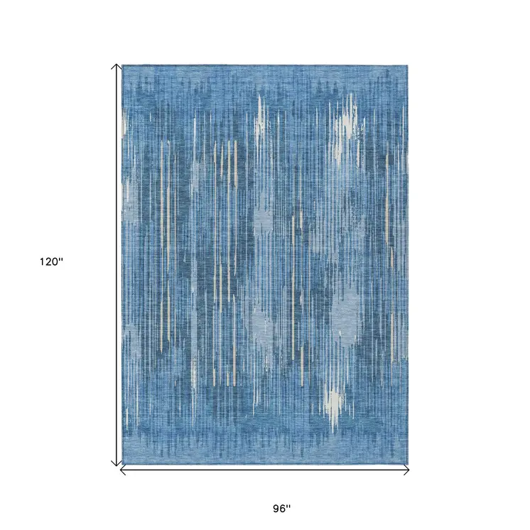 8' X 10' Blue And Ivory Striped Washable Indoor Outdoor Area Rug