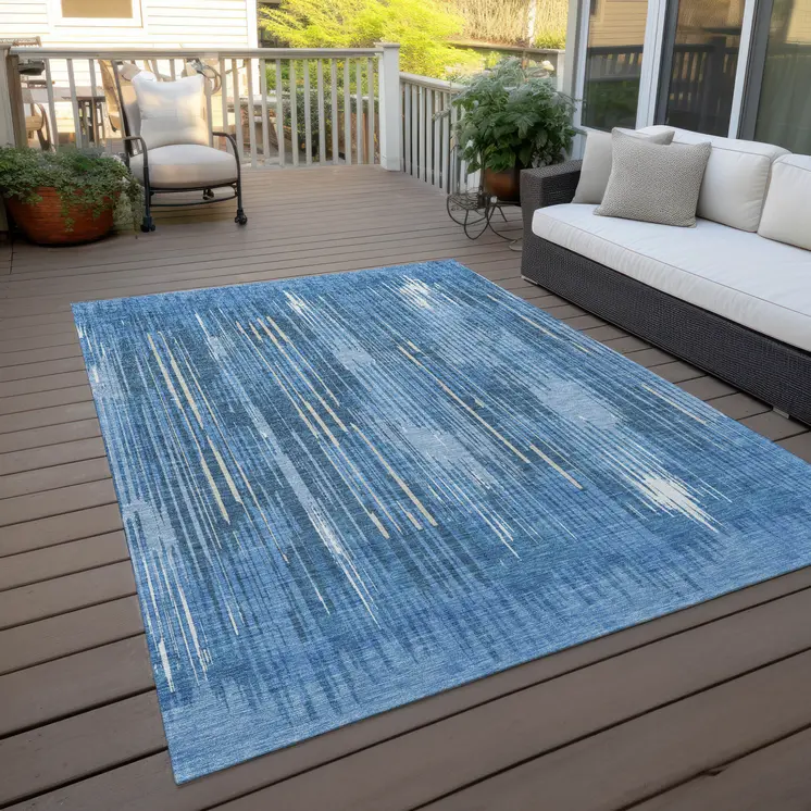 8' X 10' Blue And Ivory Striped Washable Indoor Outdoor Area Rug