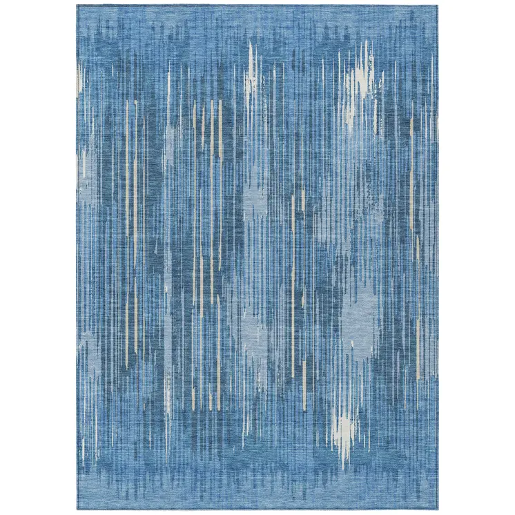 8' X 10' Blue And Ivory Striped Washable Indoor Outdoor Area Rug