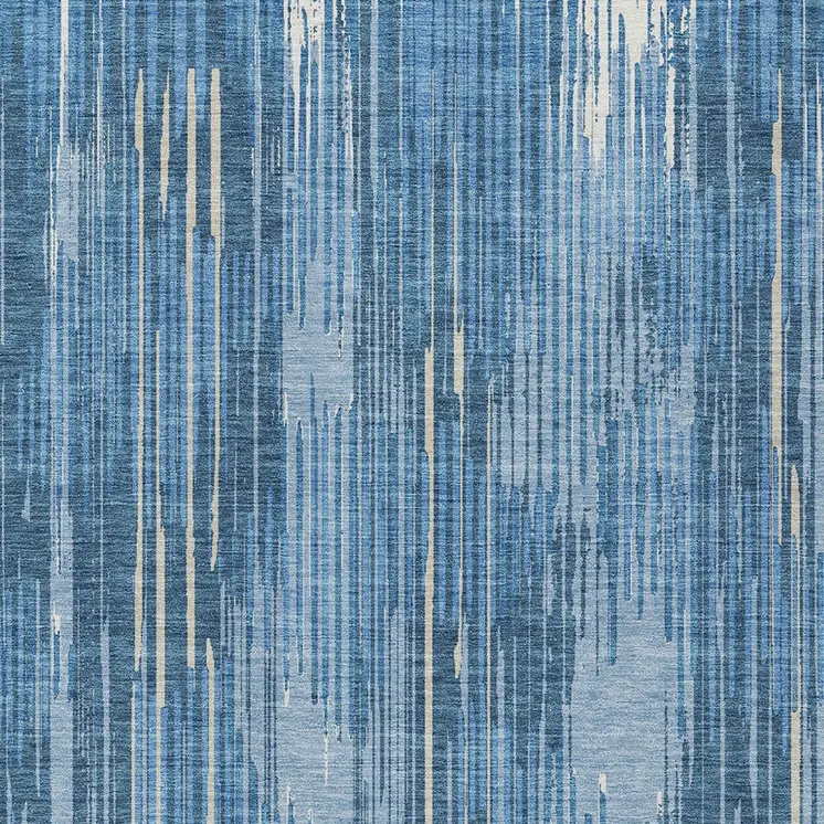 9' X 12' Blue And Ivory Striped Washable Indoor Outdoor Area Rug