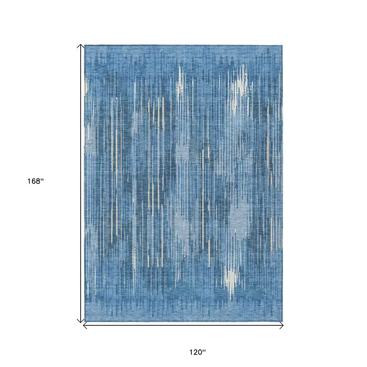 10' X 14' Blue And Ivory Striped Washable Indoor Outdoor Area Rug