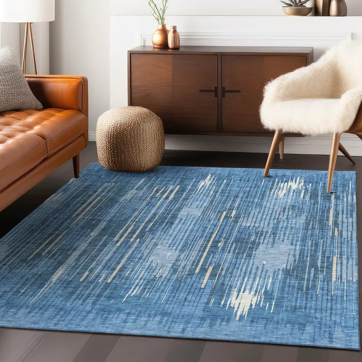 10' X 14' Blue And Ivory Striped Washable Indoor Outdoor Area Rug