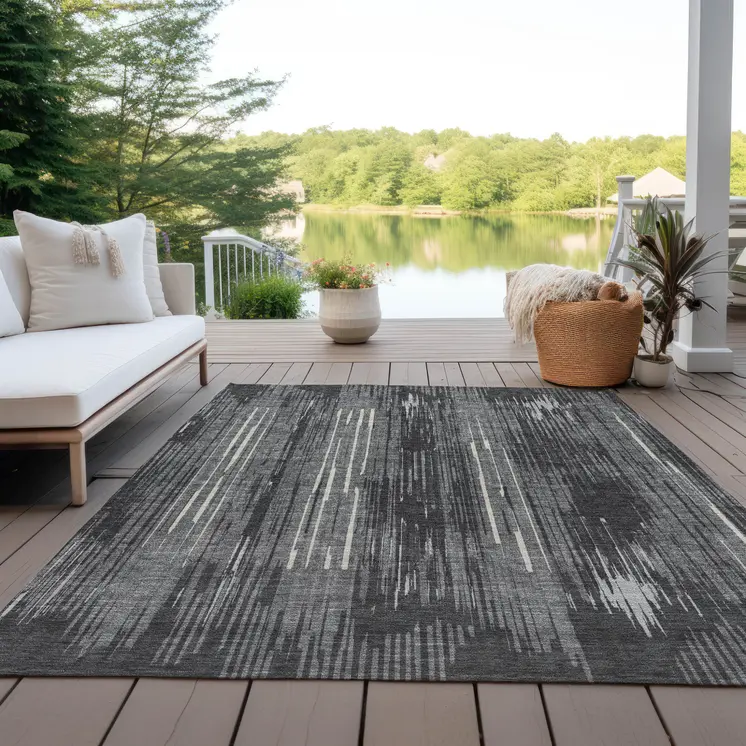 3' X 5' Charcoal Gray And Ivory Striped Washable Indoor Outdoor Area Rug
