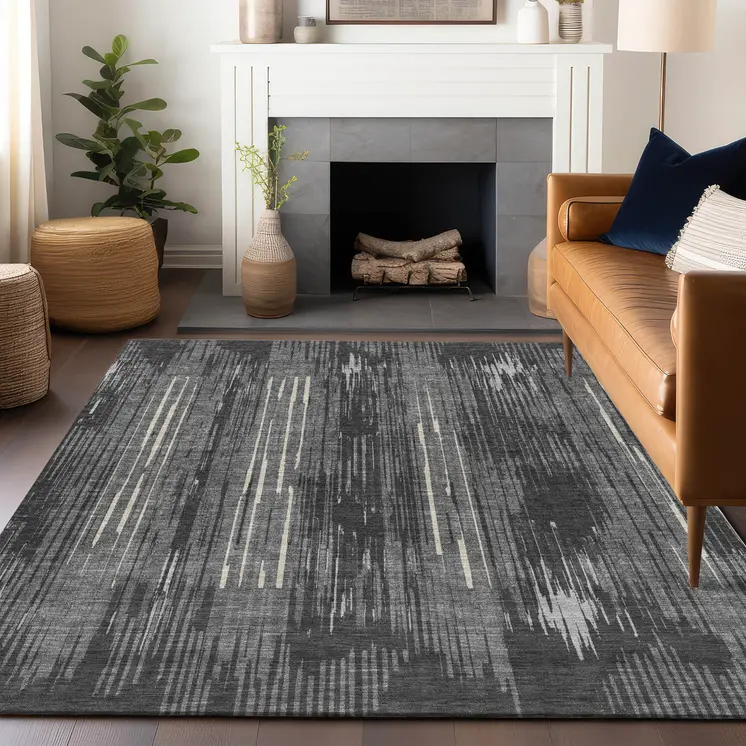 3' X 5' Charcoal Gray And Ivory Striped Washable Indoor Outdoor Area Rug