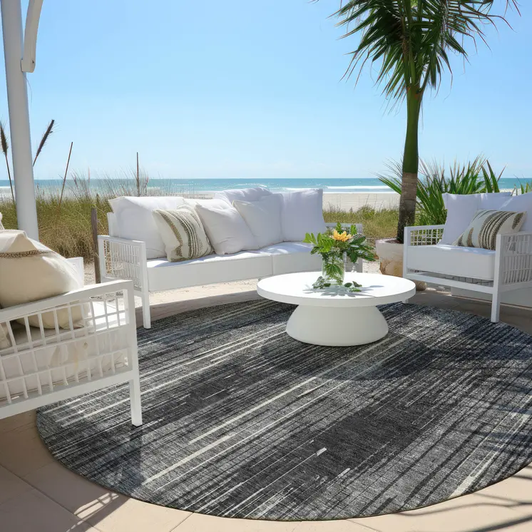 8' Charcoal Gray And Ivory Round Striped Washable Indoor Outdoor Area Rug