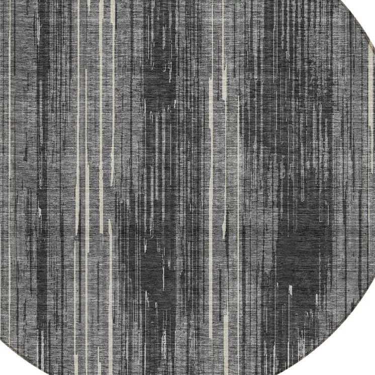 8' Charcoal Gray And Ivory Round Striped Washable Indoor Outdoor Area Rug