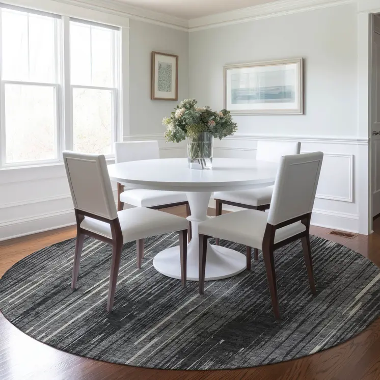 8' Charcoal Gray And Ivory Round Striped Washable Indoor Outdoor Area Rug
