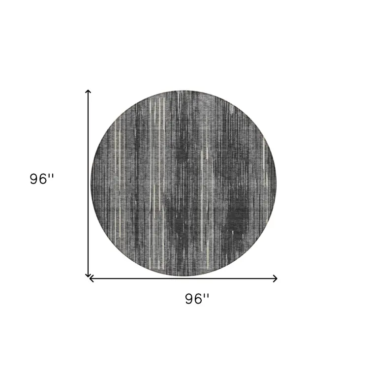 8' Charcoal Gray And Ivory Round Striped Washable Indoor Outdoor Area Rug