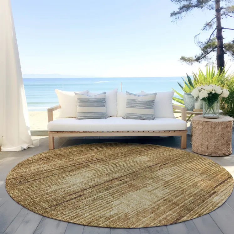 8' Copper And Brown Round Striped Washable Indoor Outdoor Area Rug