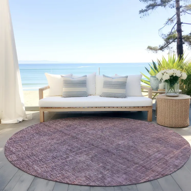8' Mauve And Dark Purple Round Striped Washable Indoor Outdoor Area Rug