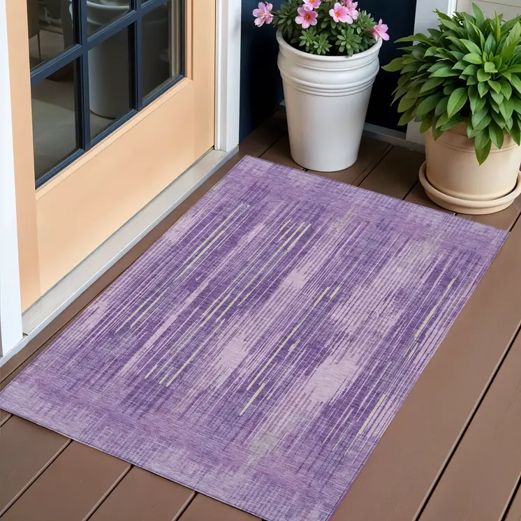 3' X 5' Purple And Ivory Striped Washable Indoor Outdoor Area Rug