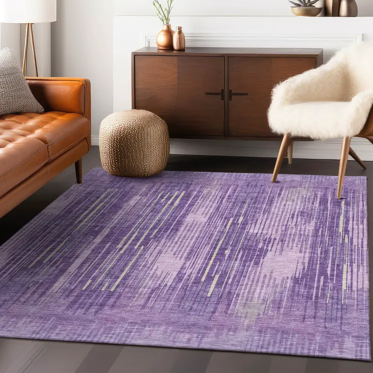 5' X 8' Purple And Ivory Striped Washable Indoor Outdoor Area Rug
